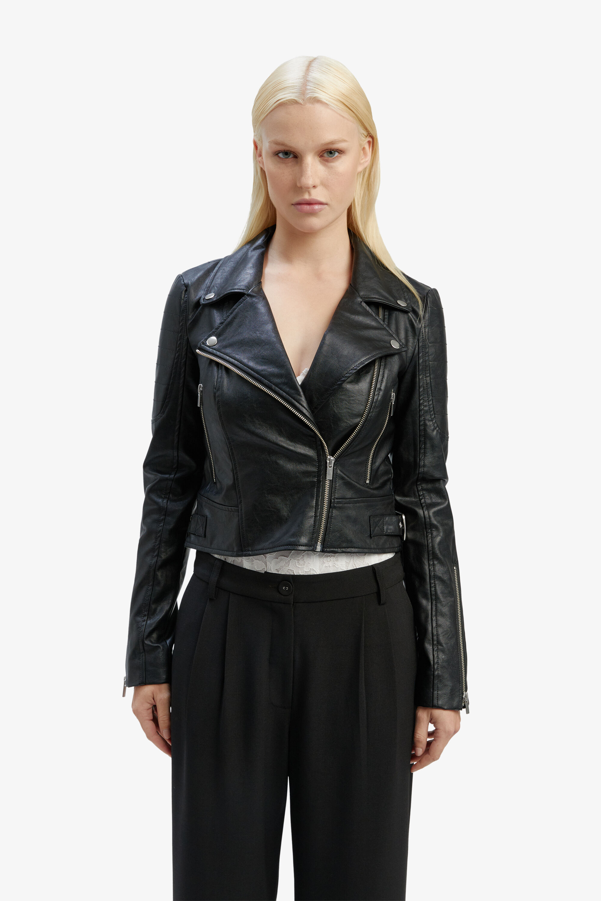 KORA VEGAN LEATHER BIKER JACKET IN BLACK