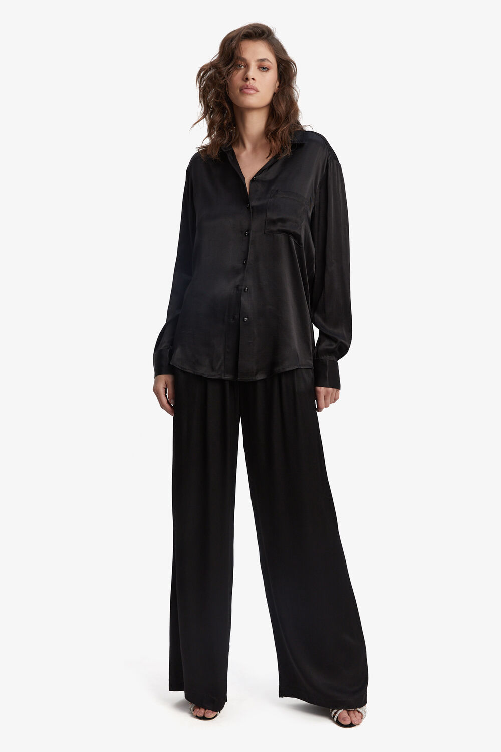 LENA SATIN SHIRT in colour CAVIAR