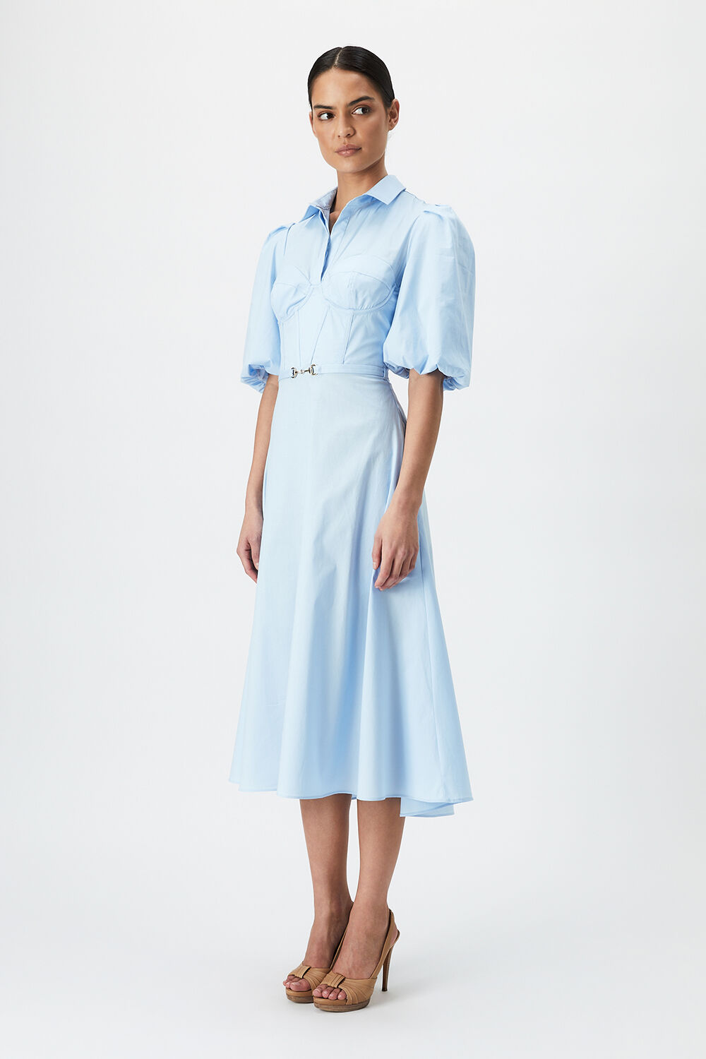 CORSET MIDI SHIRT DRESS in colour CERULEAN