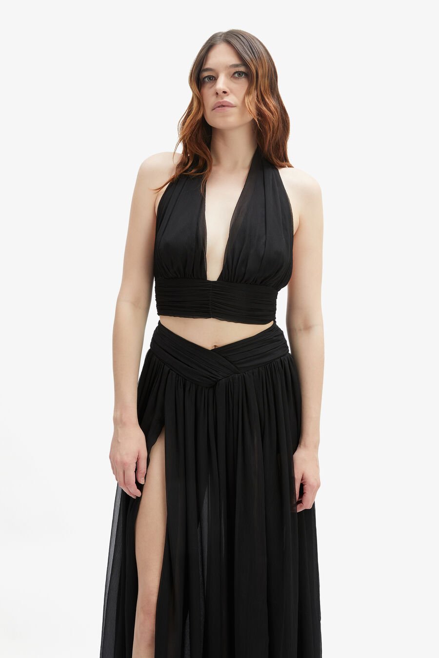 AMERIE SPLIT FRONT MAXI SKIRT in colour BLACK