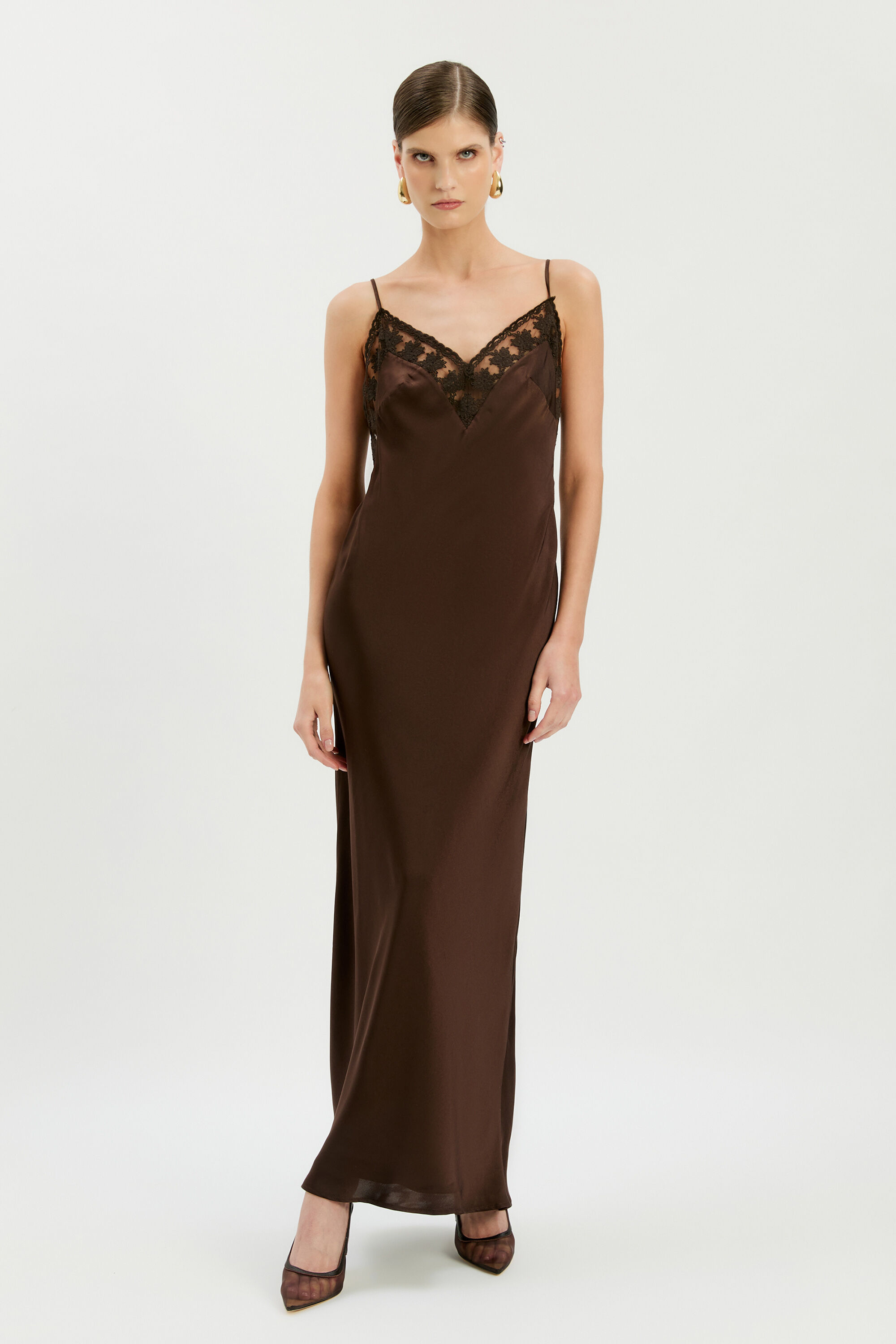 Bonita Lace Trim Maxi Dress In Dark Chocolate | Bardot Bonita Lace Trim Maxi Dress In Dark Chocolate | Bardot