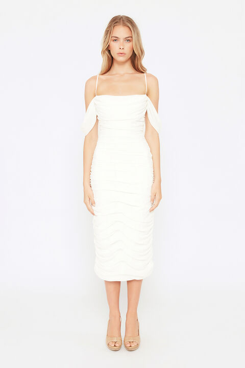 VIVIENNE RUCHED MIDI DRESS in colour CLOUD DANCER