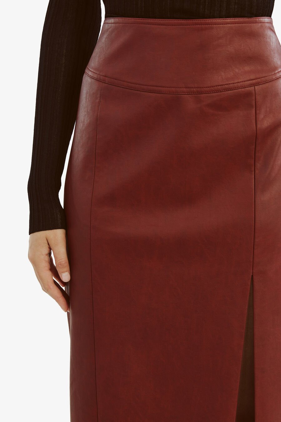 DANTE VEGAN LEATHER MIDI SKIRT in colour DEEP RED