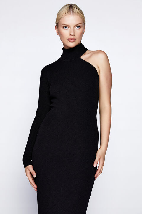 ASYMMETRIC SLV KNIT DRESS in colour CAVIAR