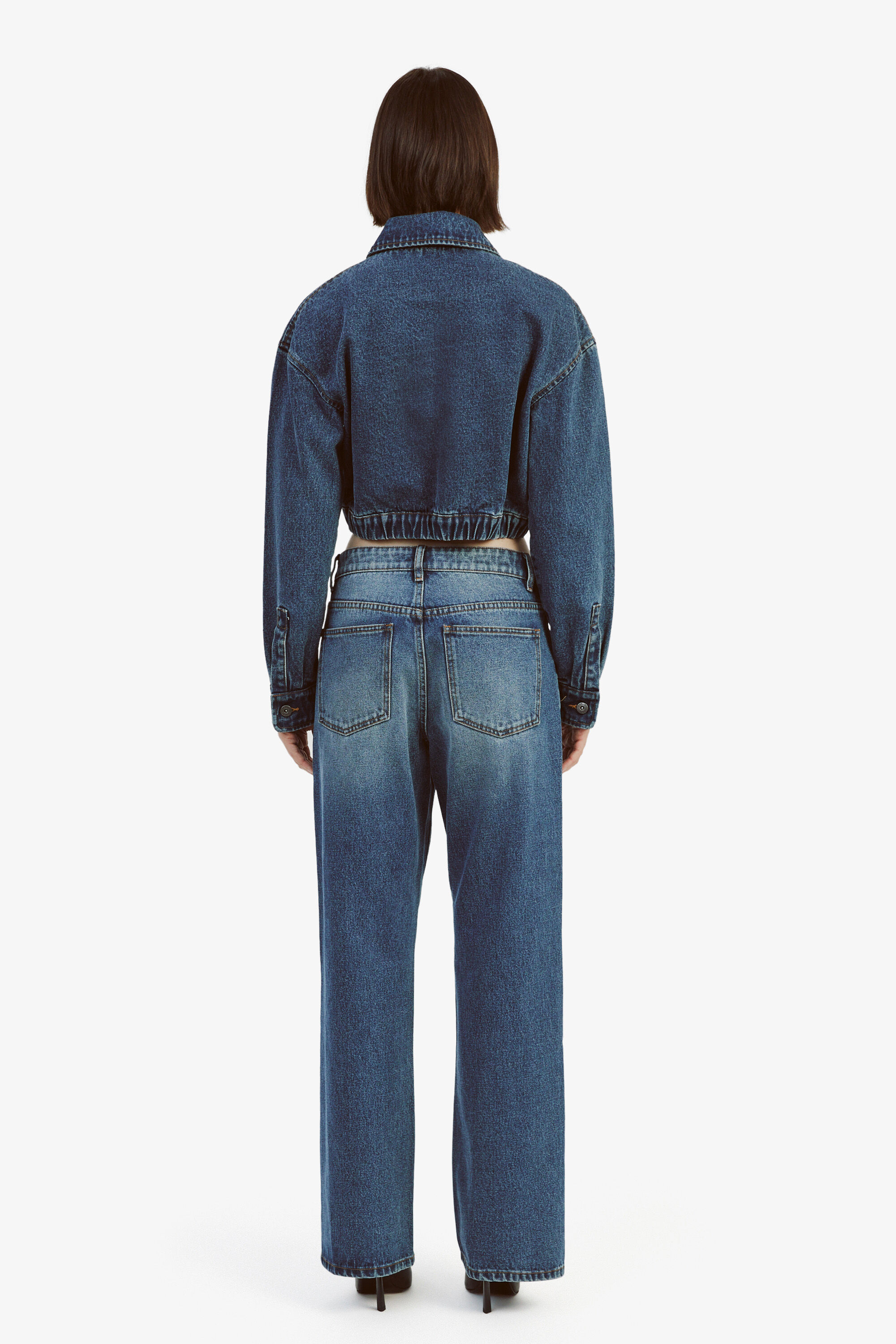 Cropped Bomber Denim Jacket In Washed Indigo Bardot