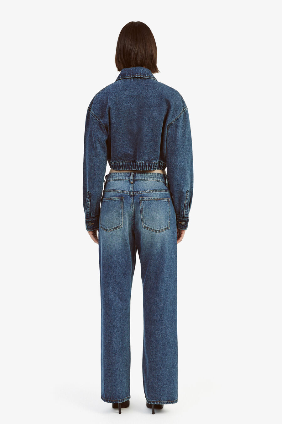 CROPPED BOMBER DENIM JACKET in colour WASHED INDIGO