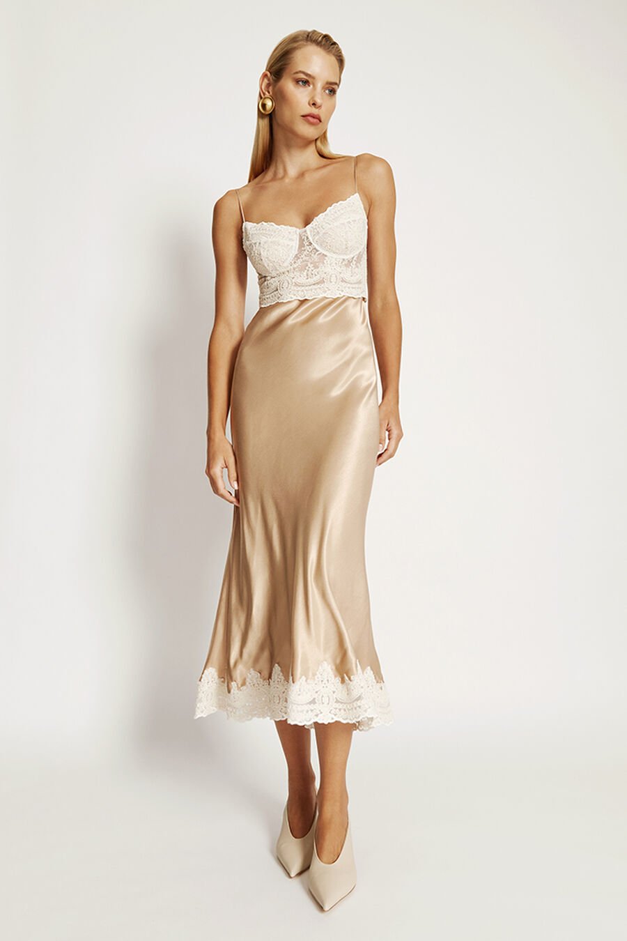 TZARIANA SATIN LACE MIDI DRESS in colour GOLDEN