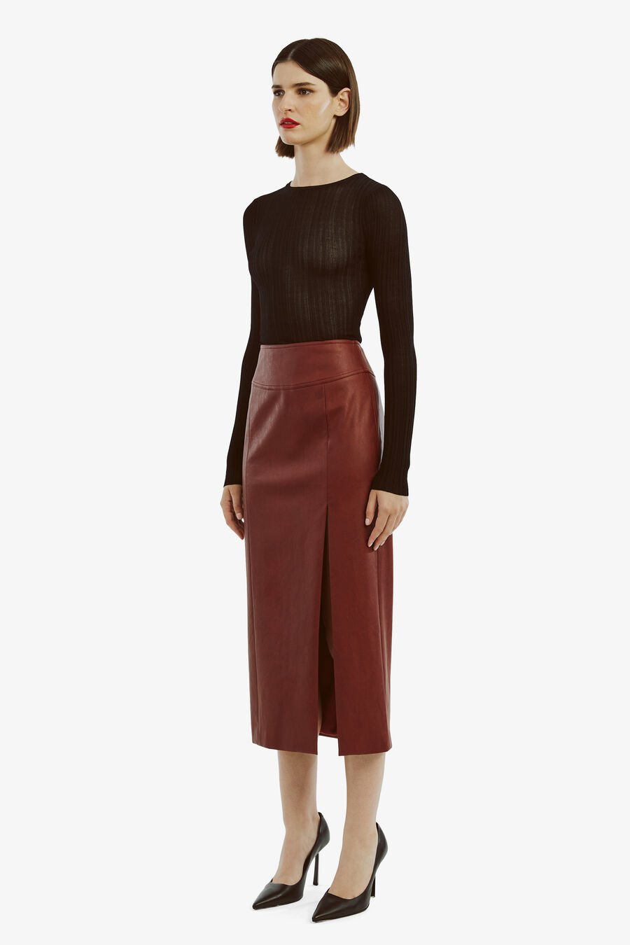 DANTE VEGAN LEATHER MIDI SKIRT in colour DEEP RED