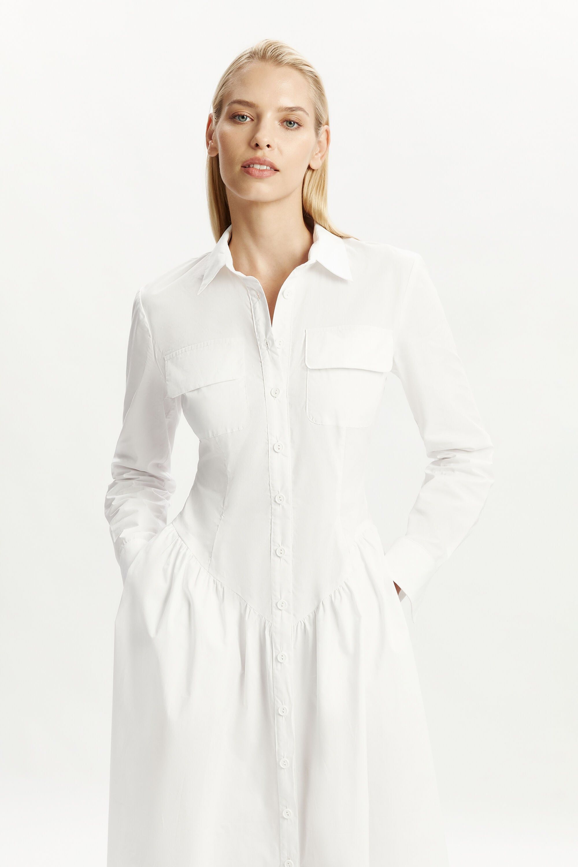 Agatha Fitted Shirt Dress In Orchid White | Bardot