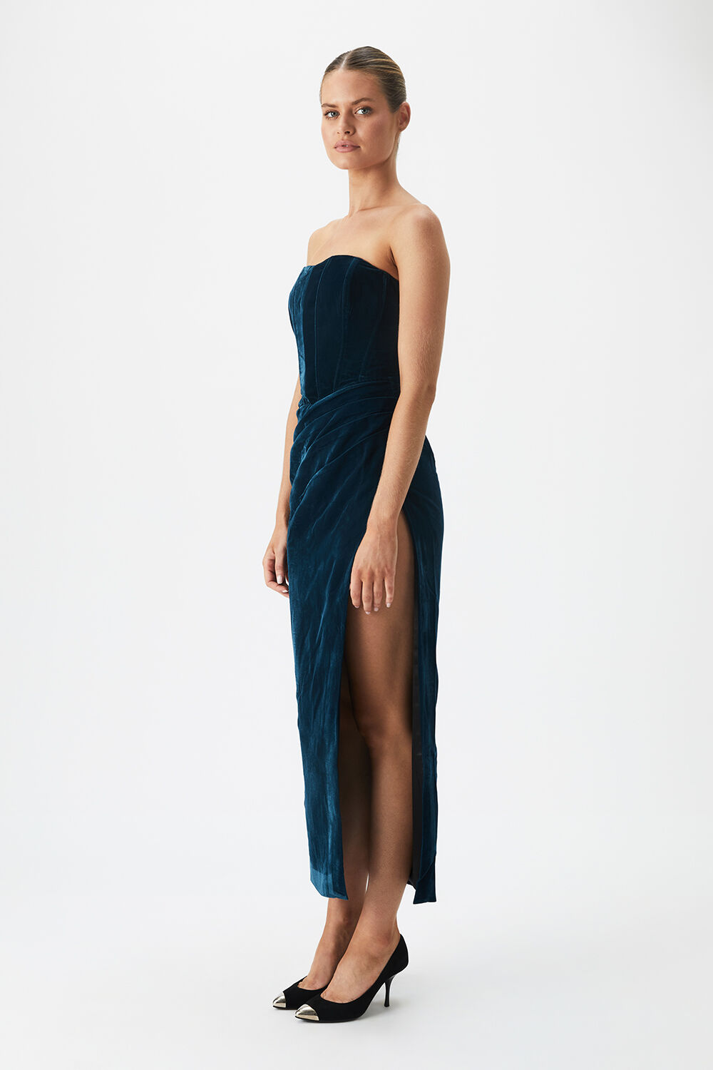 EVERLASTING VELOUR MIDI DRESS in colour BLACK IRIS