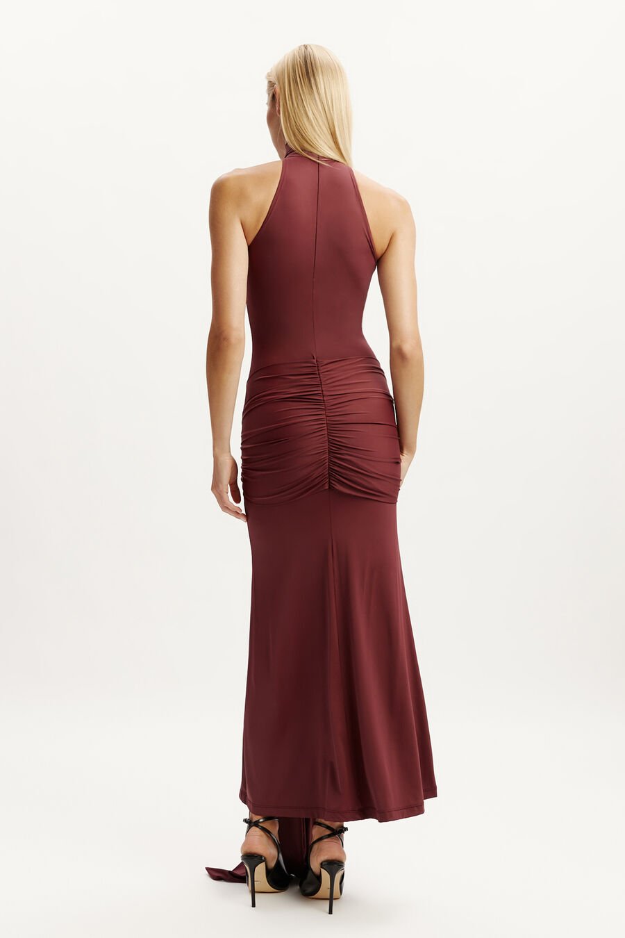 ISADORA MAXI TIE FRONT DRESS in colour DEEP PLUM