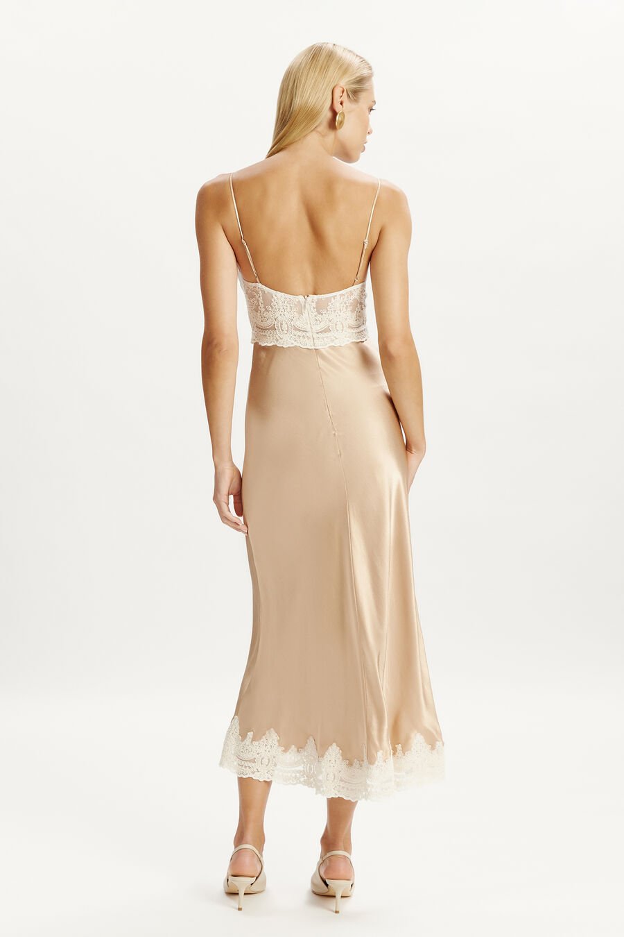 TZARIANA SATIN LACE MIDI DRESS in colour GOLDEN