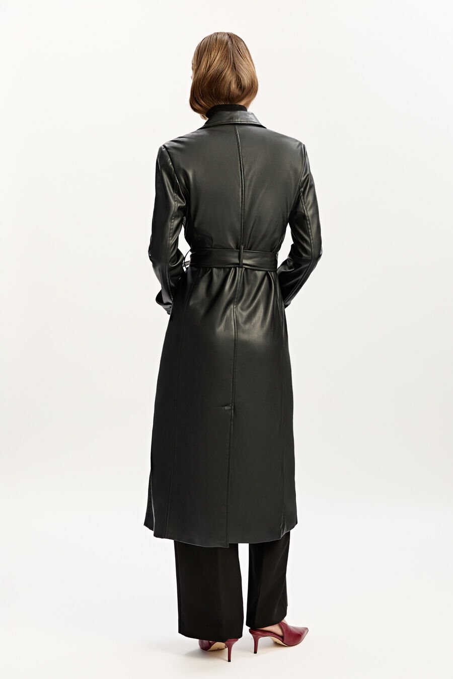 VEGAN LEATHER TRENCH COAT in colour BLACK