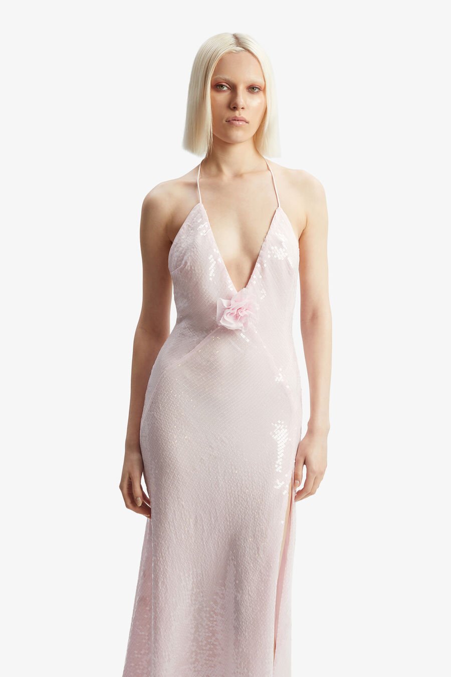 ARADIA SEQUIN HALTER DRESS in colour LIGHT PINK