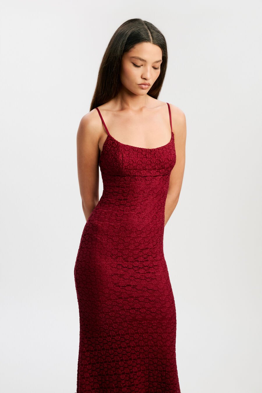LOUISA MESH MIDI DRESS in colour BURGUNDY