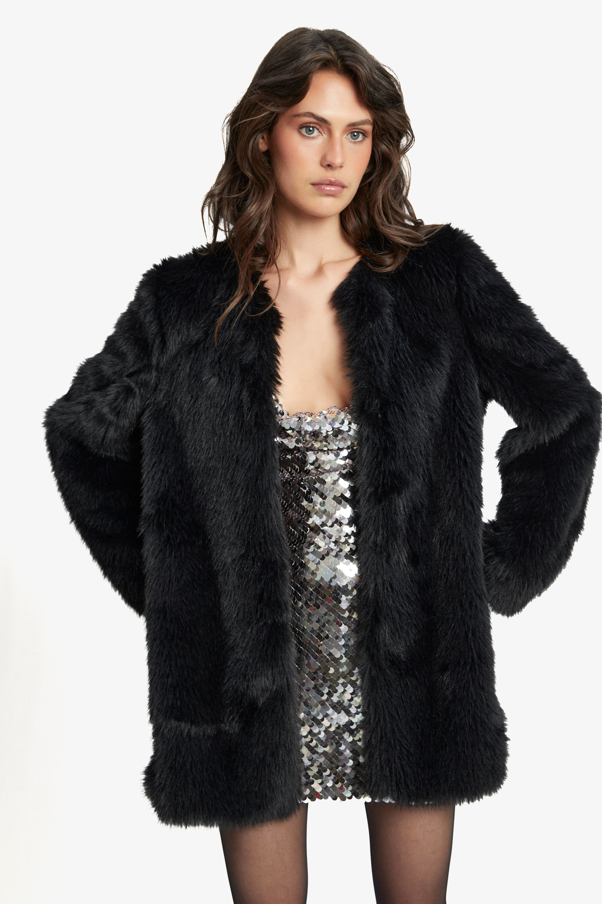 Logan Faux Fur Coat In Black Bardot
