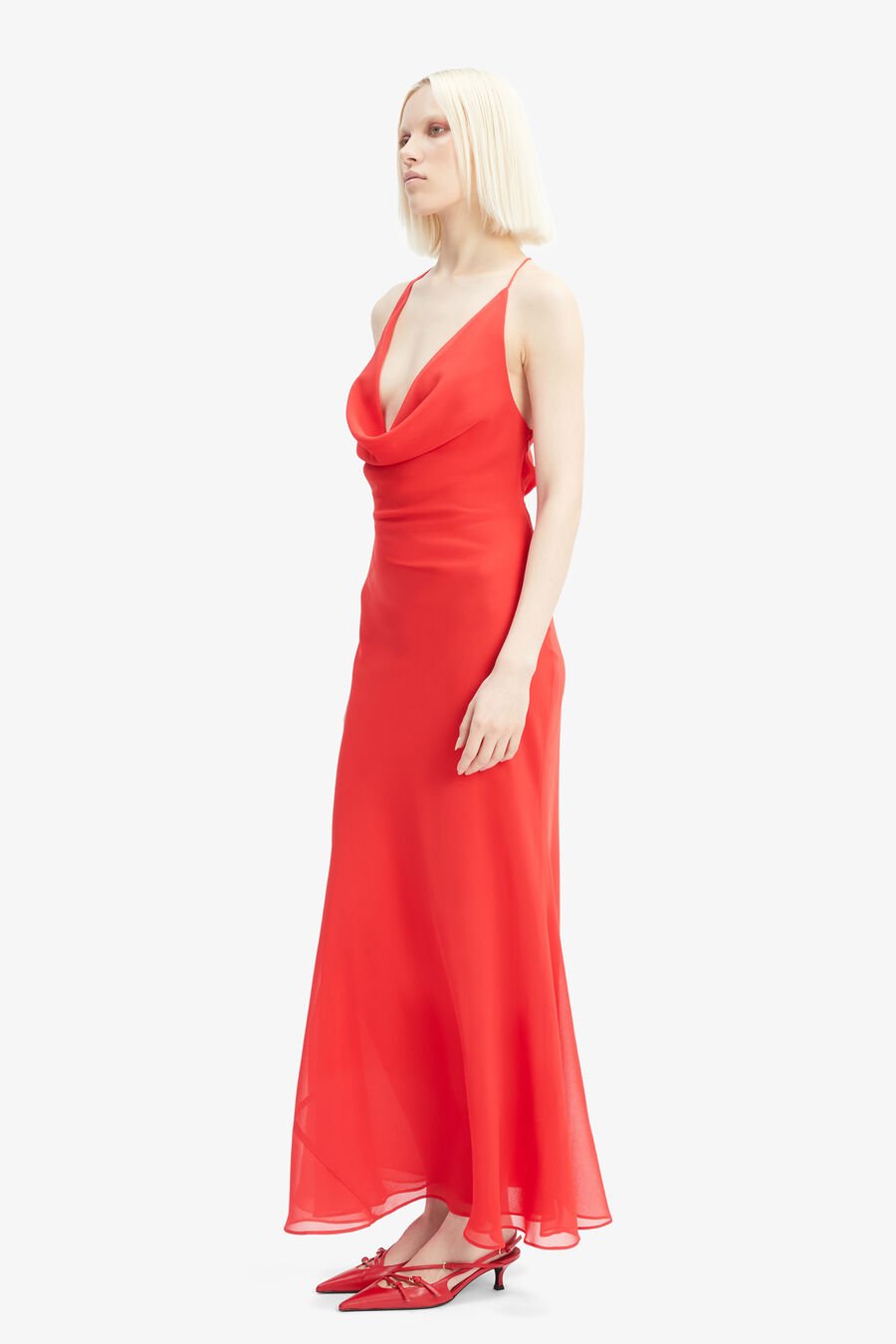 CHERIE COWL NECK MAXI DRESS in colour DEEP RED