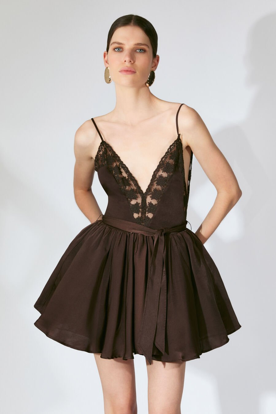 NATALIA LACE TRIM MINI DRESS in colour Dark Chocolate