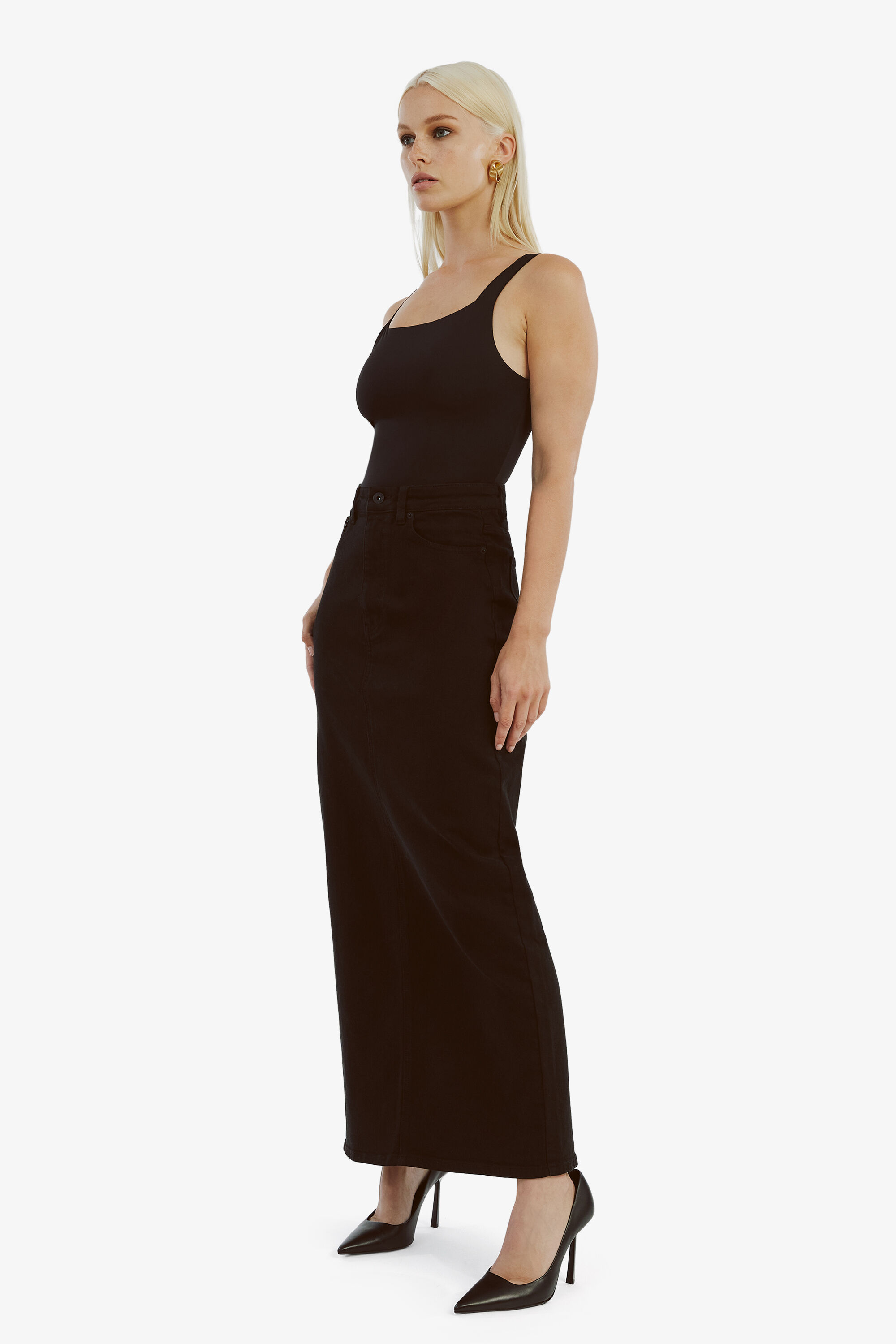 Evianna Denim Maxi Skirt In Black | Bardot