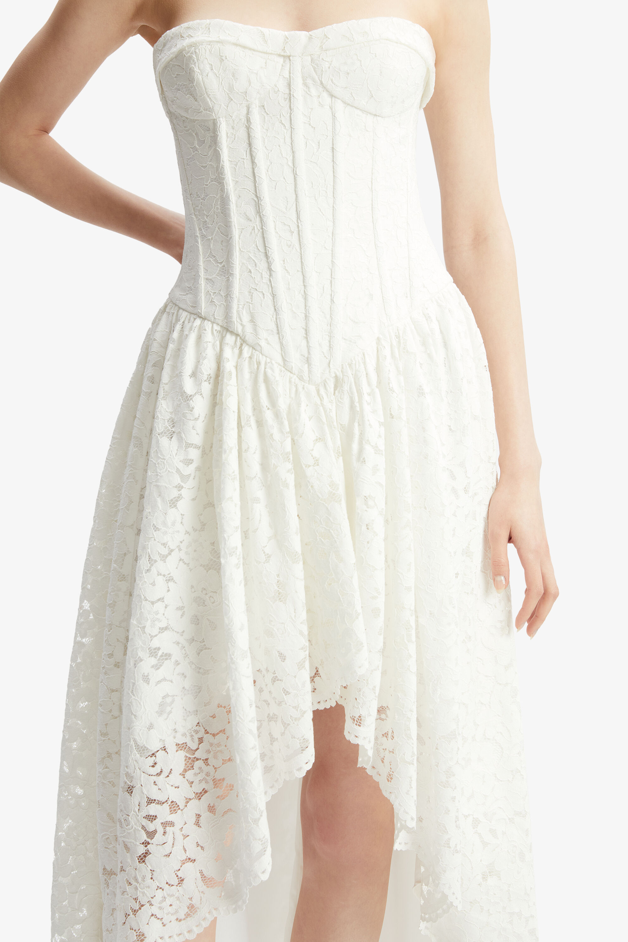 Felicidad Strapless Lace Dress In Orchid White | Bardot