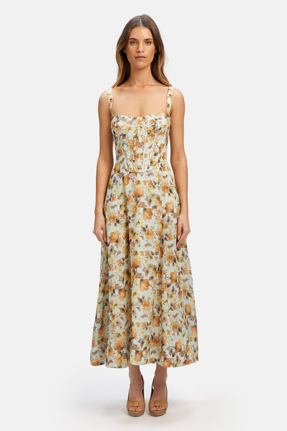 LILAH CORSET MIDI DRESS in colour PASTEL YELLOW