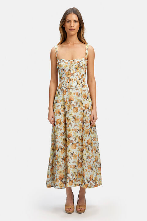 LILAH CORSET MIDI DRESS in colour PASTEL YELLOW