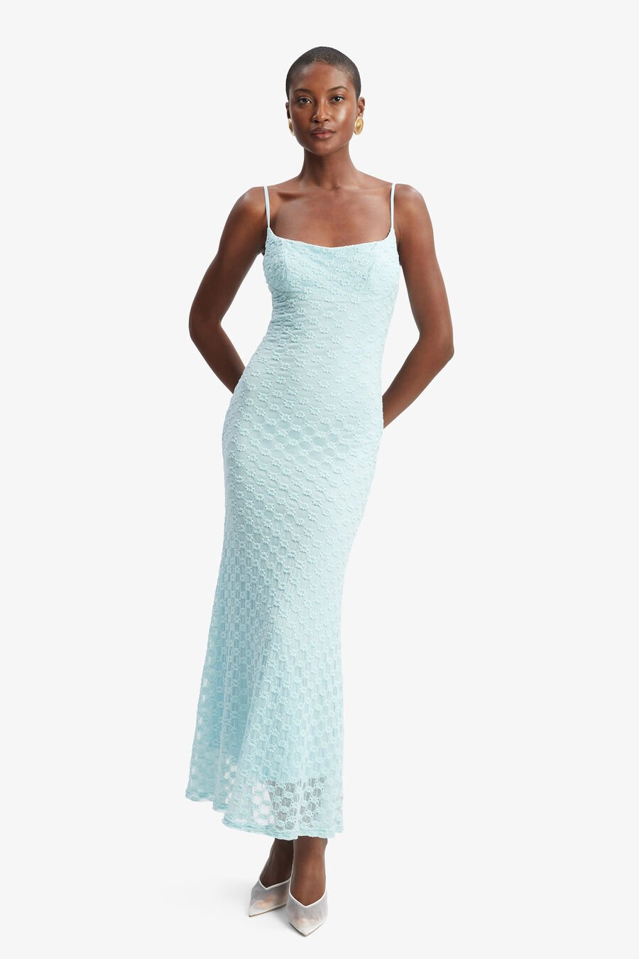 ADONI MESH MIDI DRESS in colour AQUA
