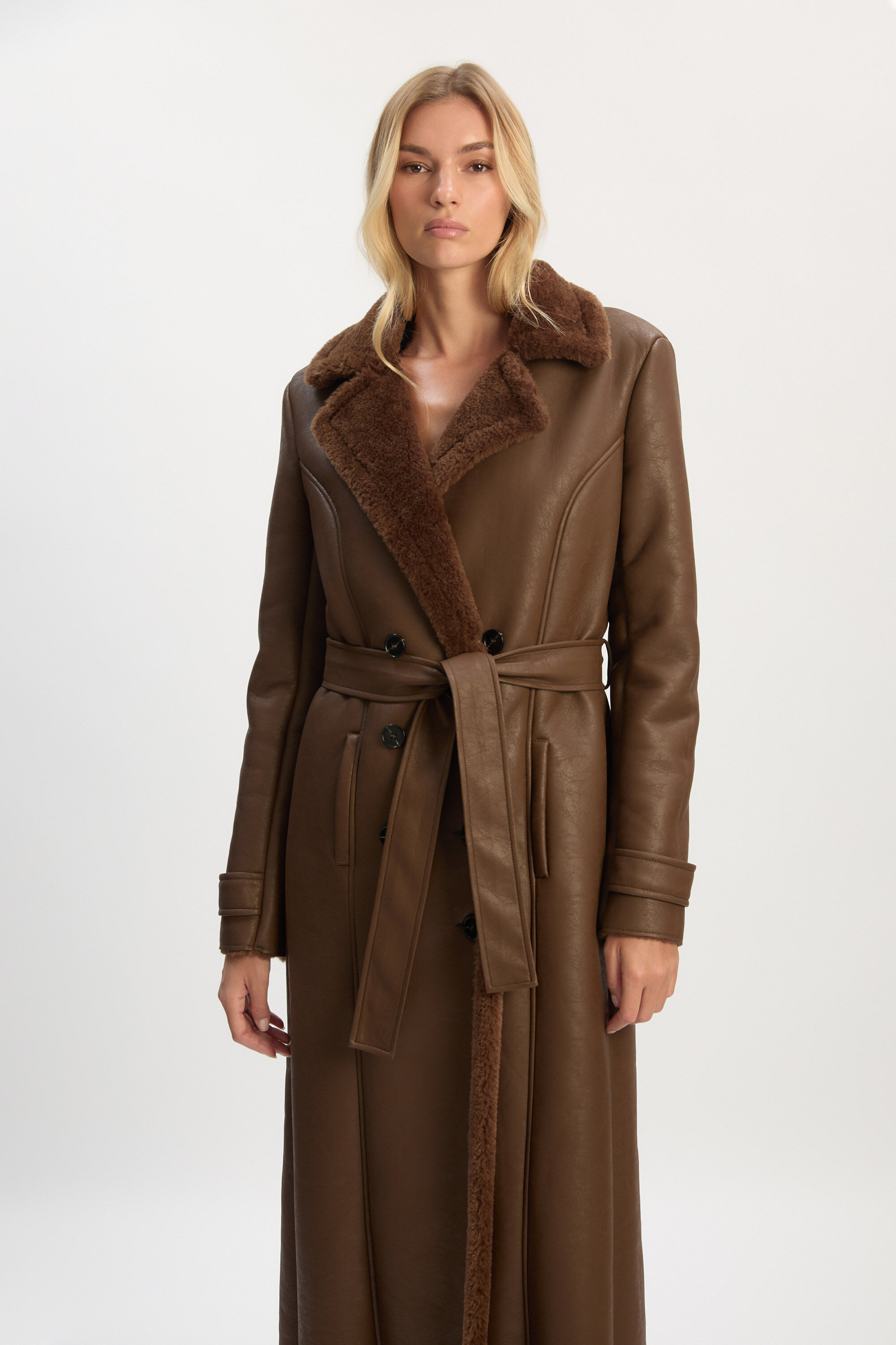 Vegan Leather Shirling Coat In Chocolate | Bardot