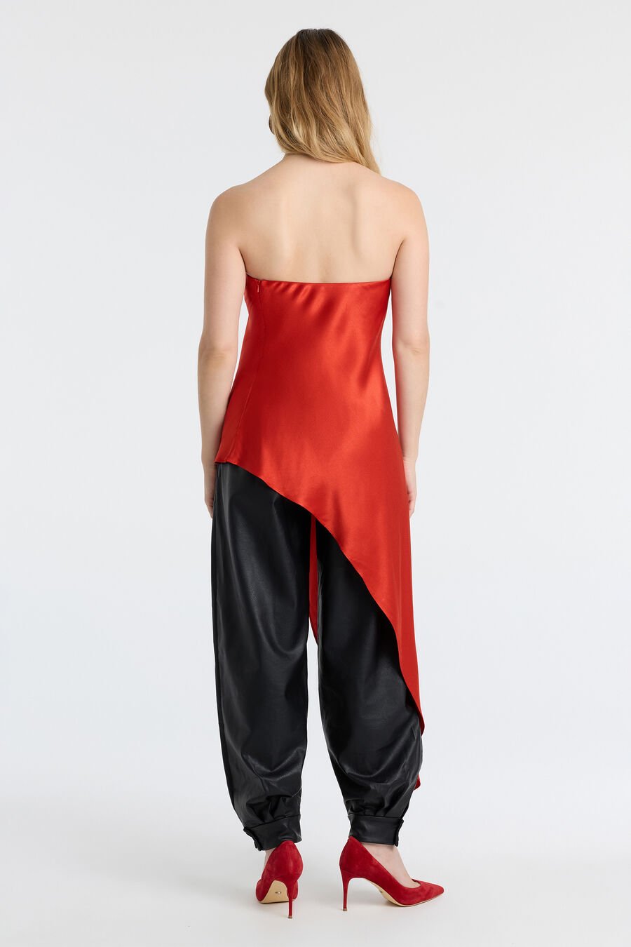 ALITA STRAPLESS SATIN TUNIC in colour Burnt Red