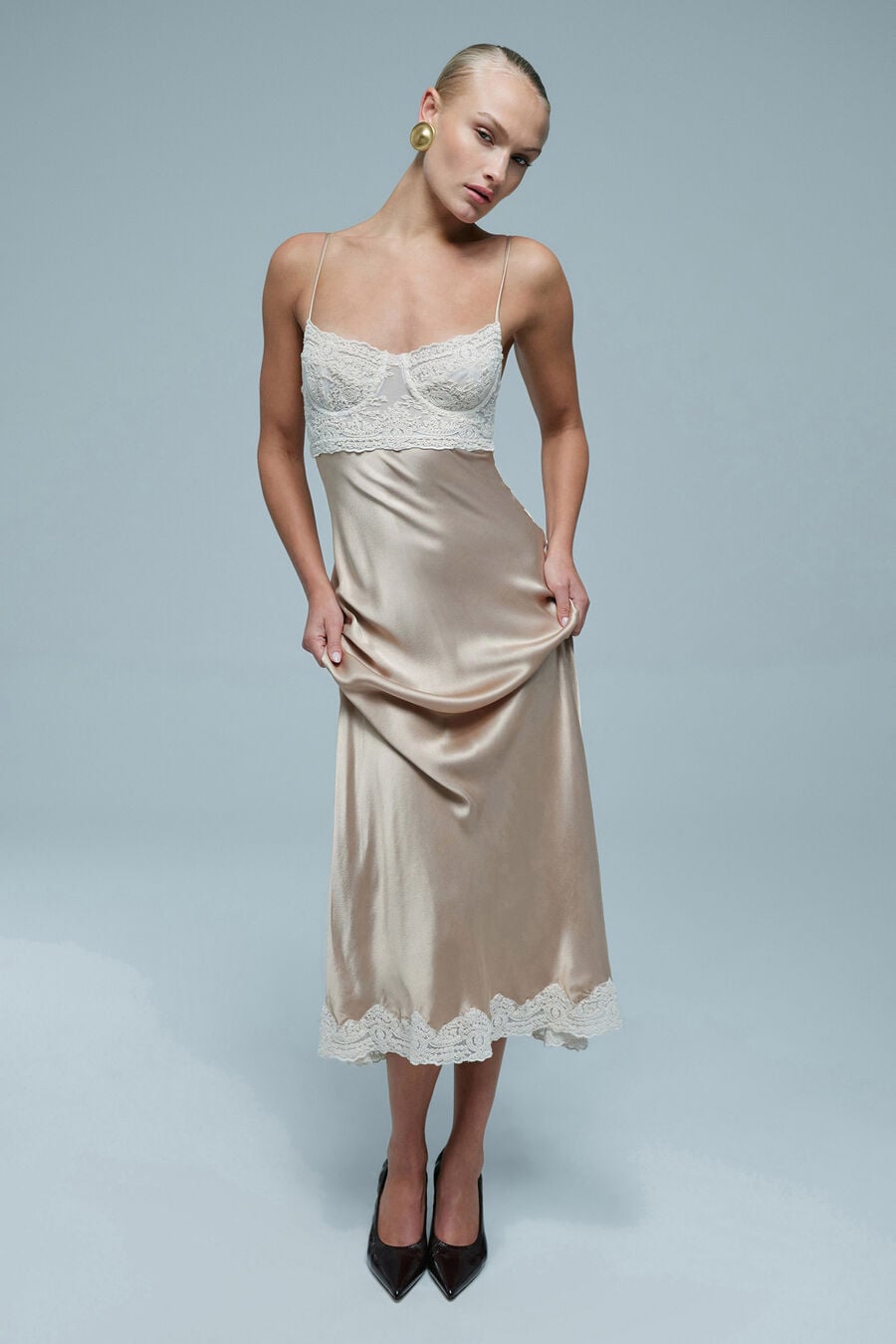 Tzariana Satin Lace Midi Dress In Golden | Bardot Tzariana Satin Lace Midi Dress In Golden | Bardot