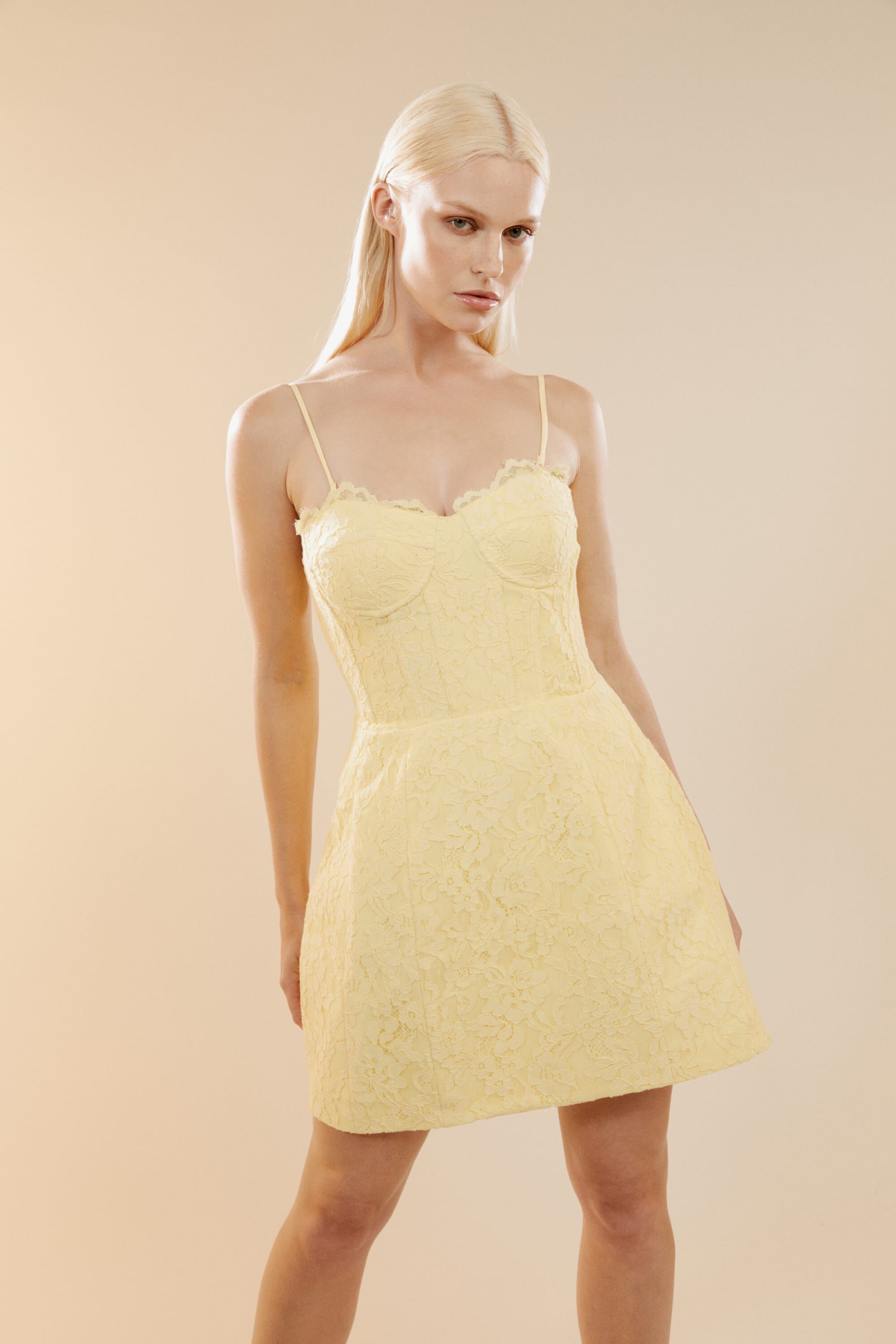 Clarina Lace Mini Dress In Canary Yellow Bardot