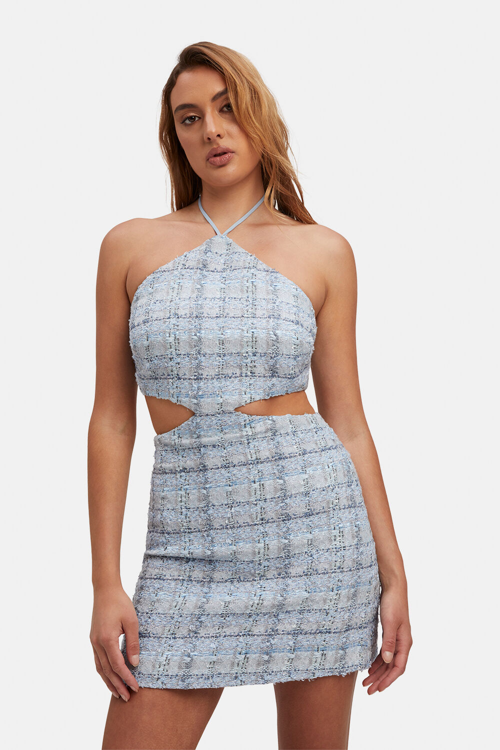 ROMA BOUCLE MINI DRESS in colour CERULEAN