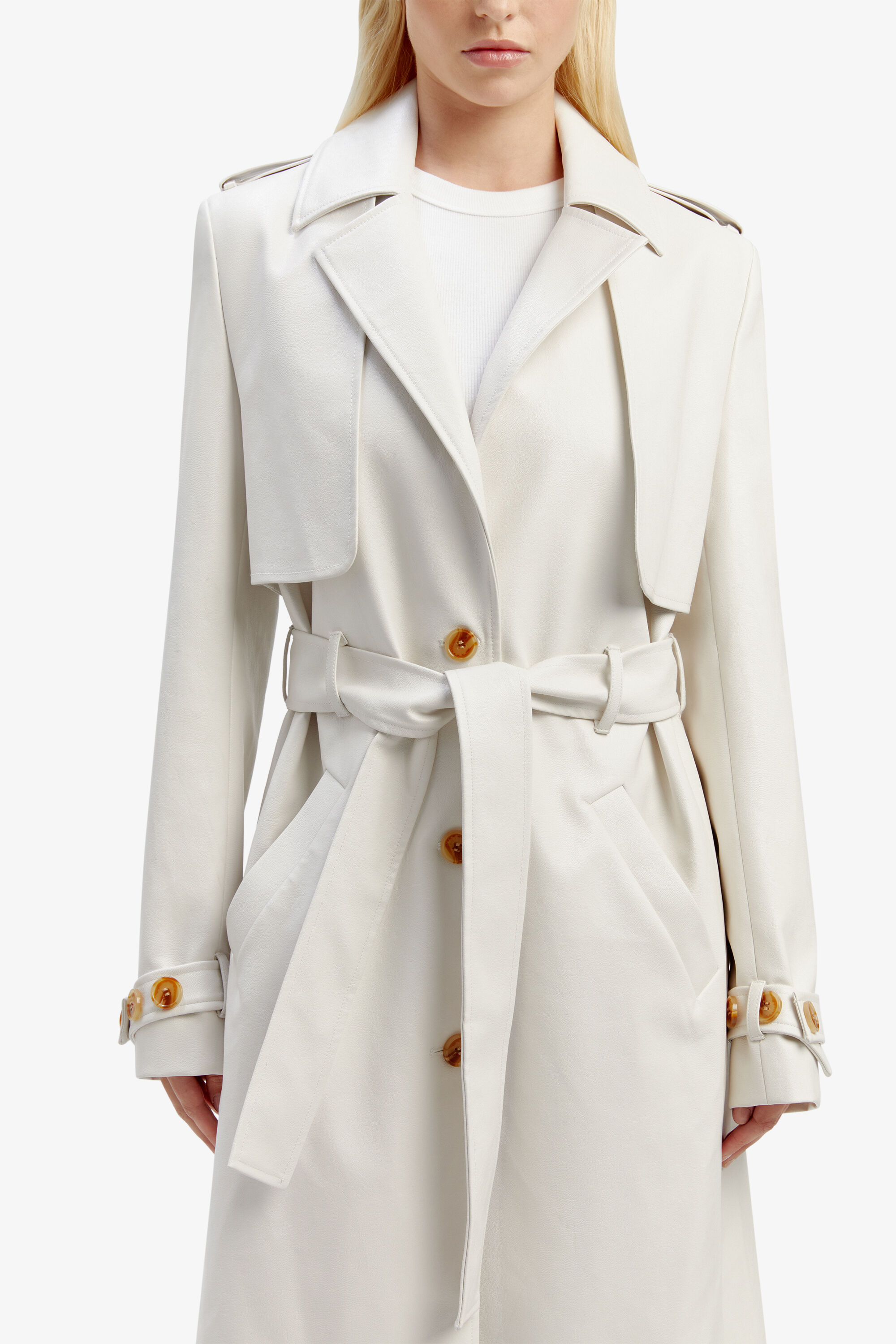 Vegan Leather Trench Coat In Ivory Bardot