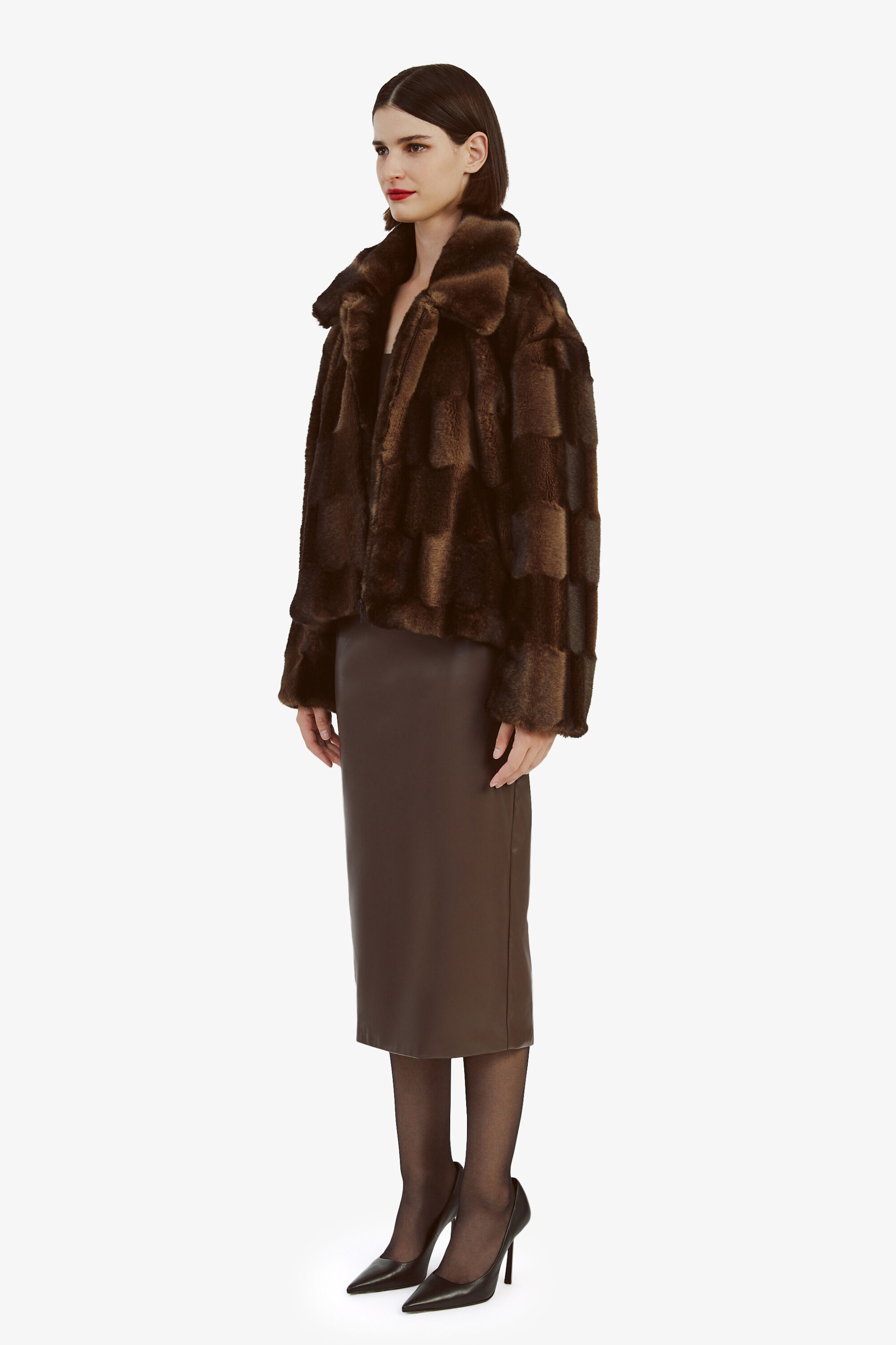 Sylvie Zip Faux Fur Jacket In Dark Chocolate Bardot