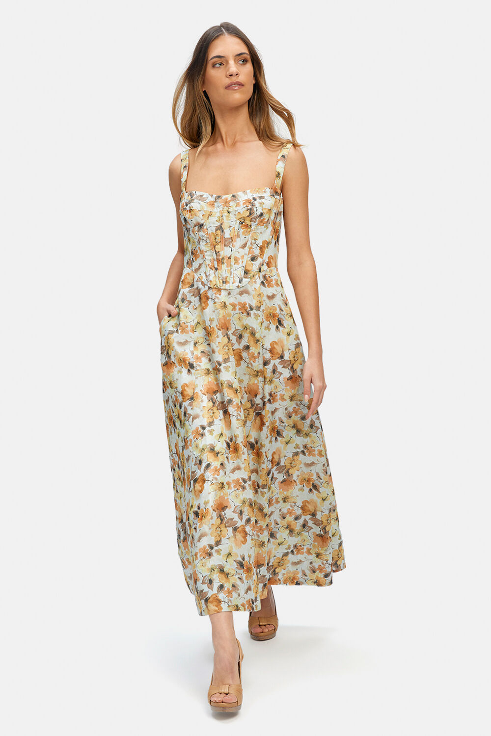LILAH CORSET MIDI DRESS in colour PASTEL YELLOW
