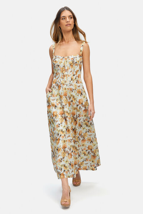 LILAH CORSET MIDI DRESS in colour PASTEL YELLOW