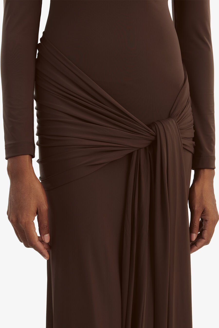 ALIX MAXI TIE FRONT DRESS in colour CHOCOLATE