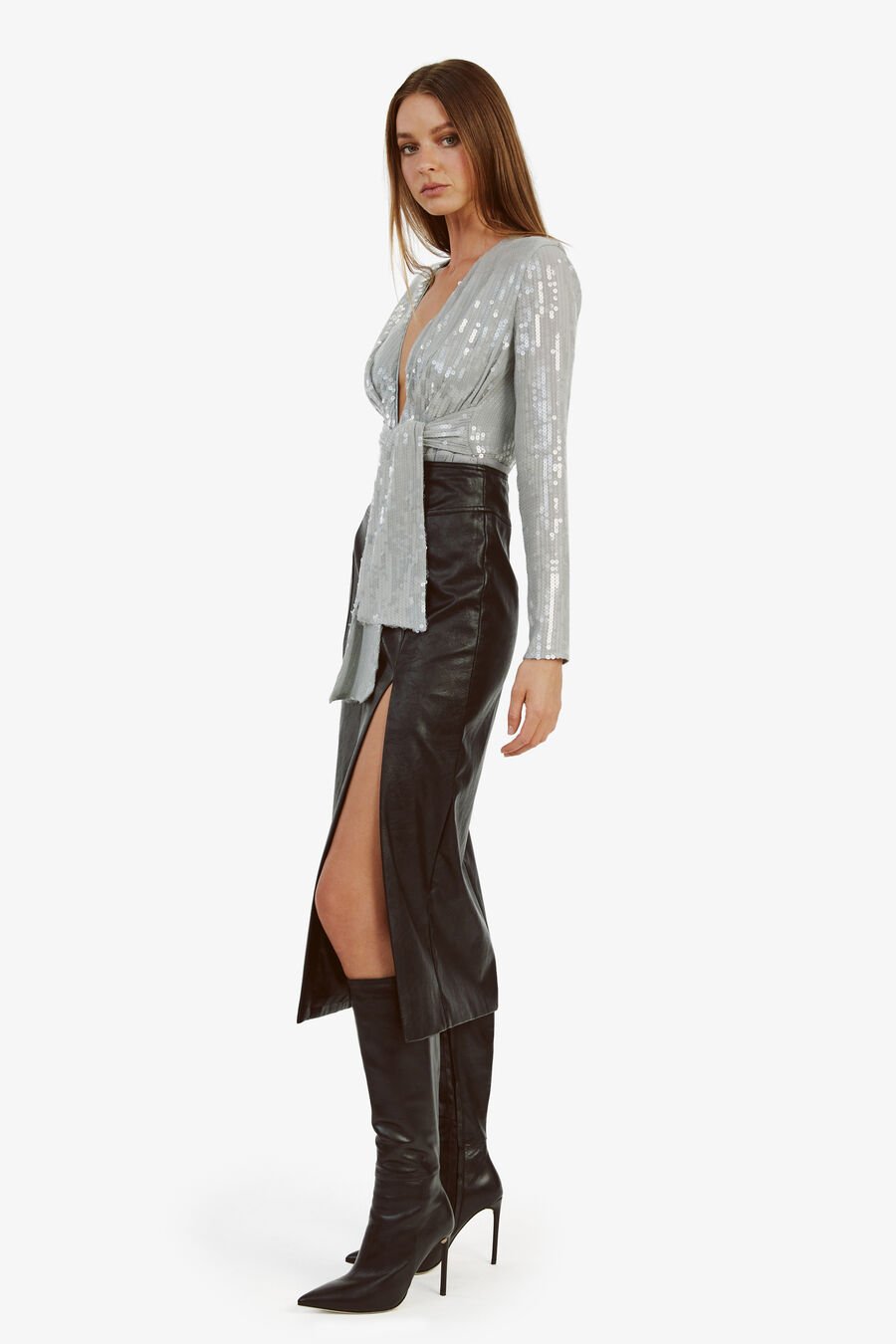 EMELIA SEQUIN WRAP BODYSUIT in colour DOVEGREY