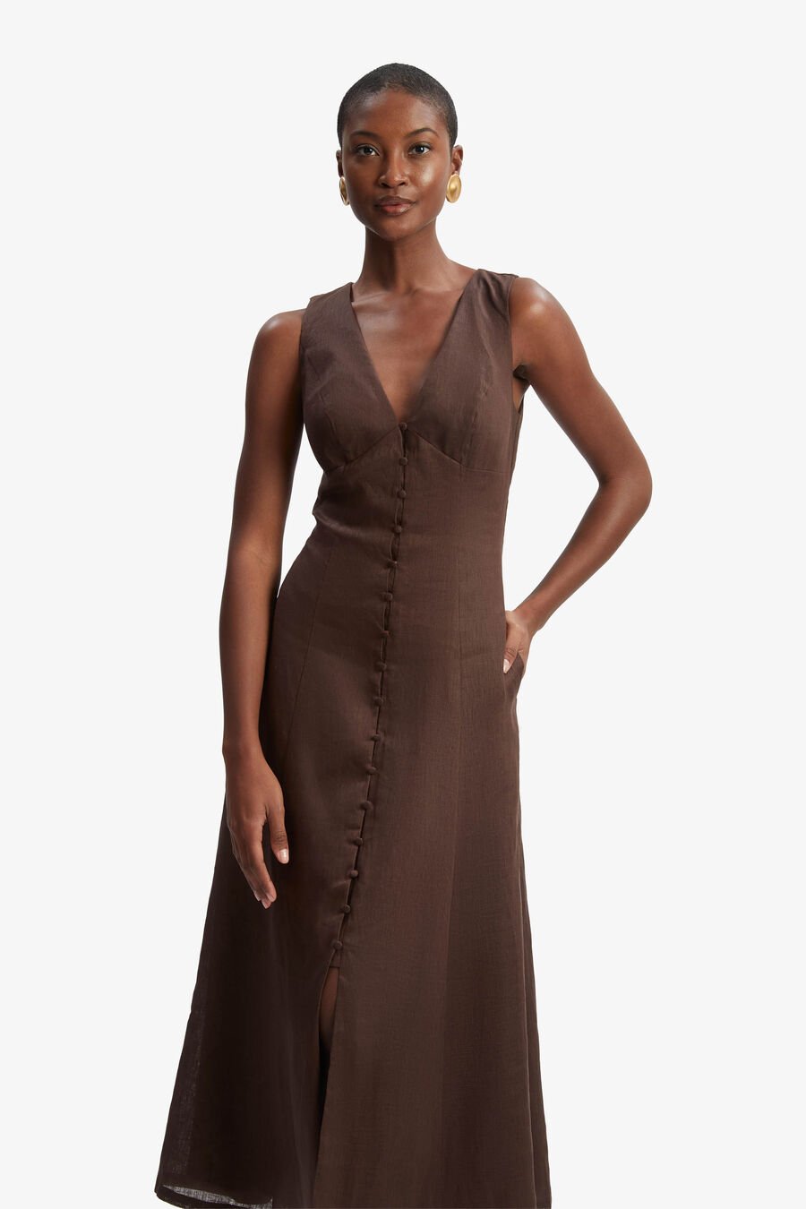 CORDELIA LINEN MIDI DRESS in colour CHOCOLATE