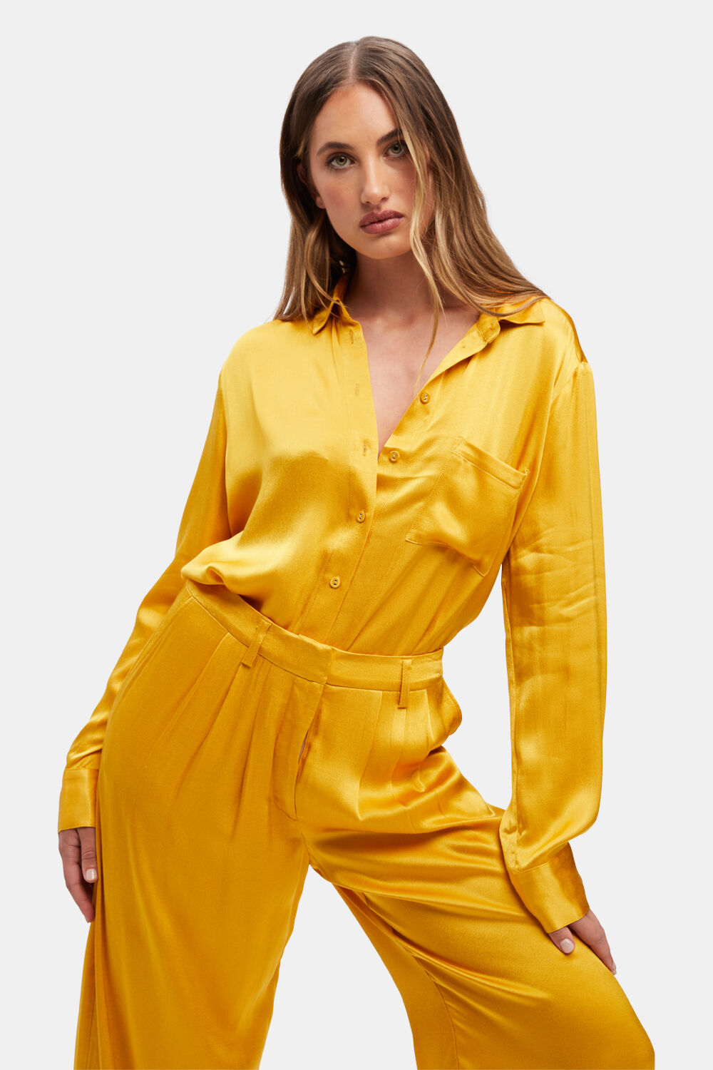 LENA SATIN SHIRT in colour PALE MARIGOLD