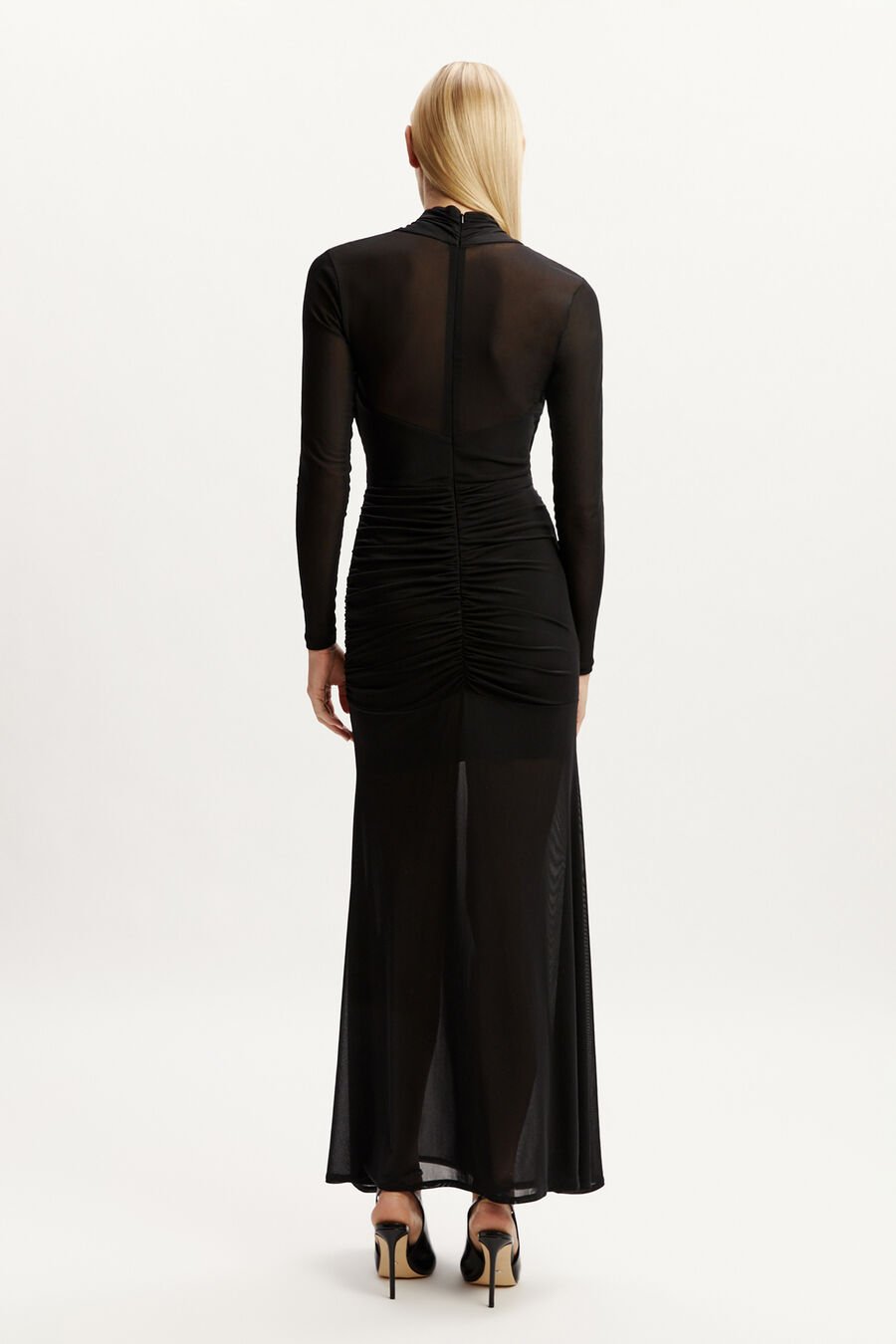 MARICE WRAP MESH MAXI DRESS in colour BLACK