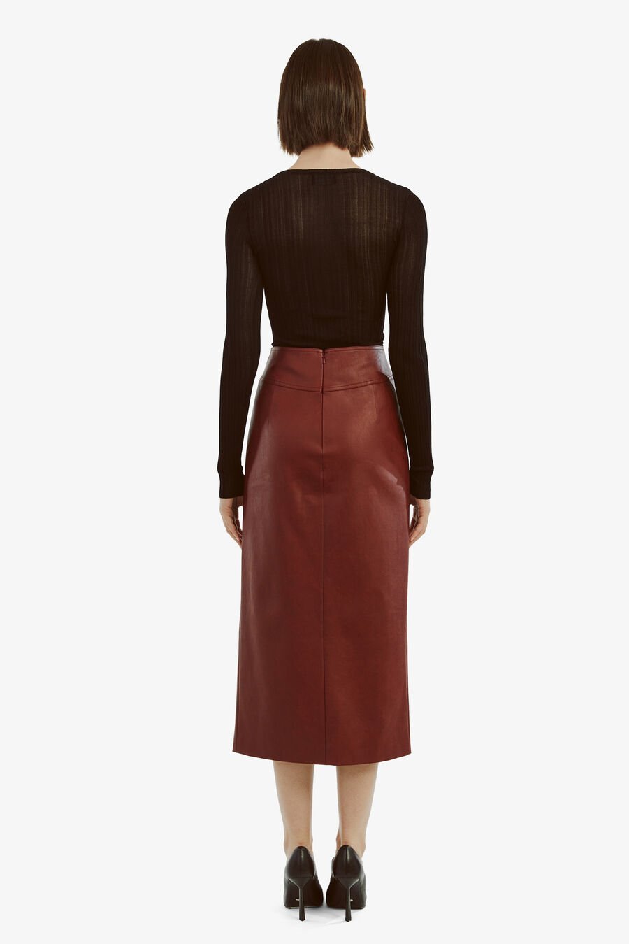 DANTE VEGAN LEATHER MIDI SKIRT in colour DEEP RED