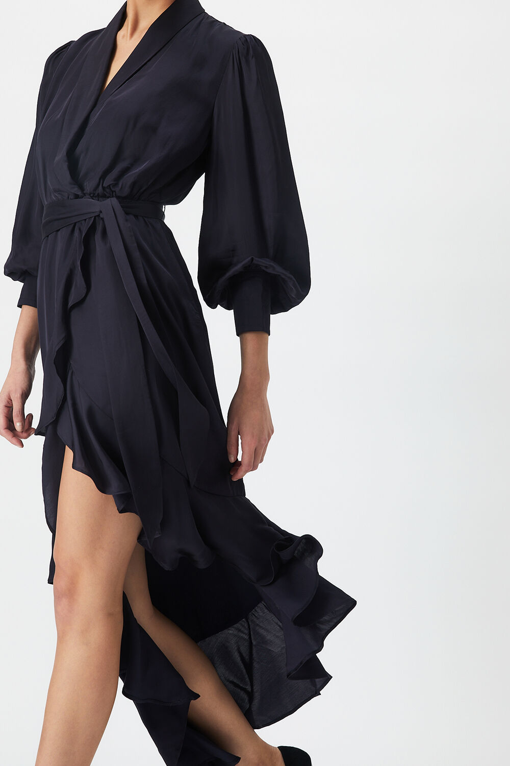 Aaliyah Wrap Midi Dress in Navy | Bardot