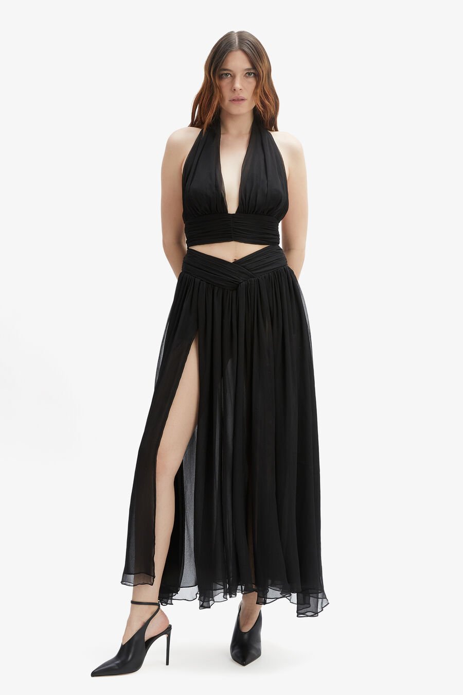 AMERIE SPLIT FRONT MAXI SKIRT in colour BLACK