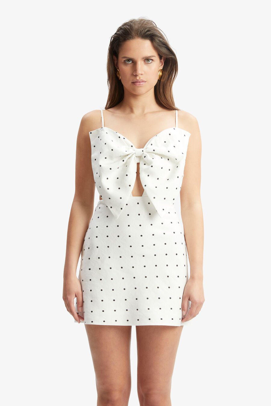 VIEDA LINEN BOW MINI DRESS in colour WHITE SPOT