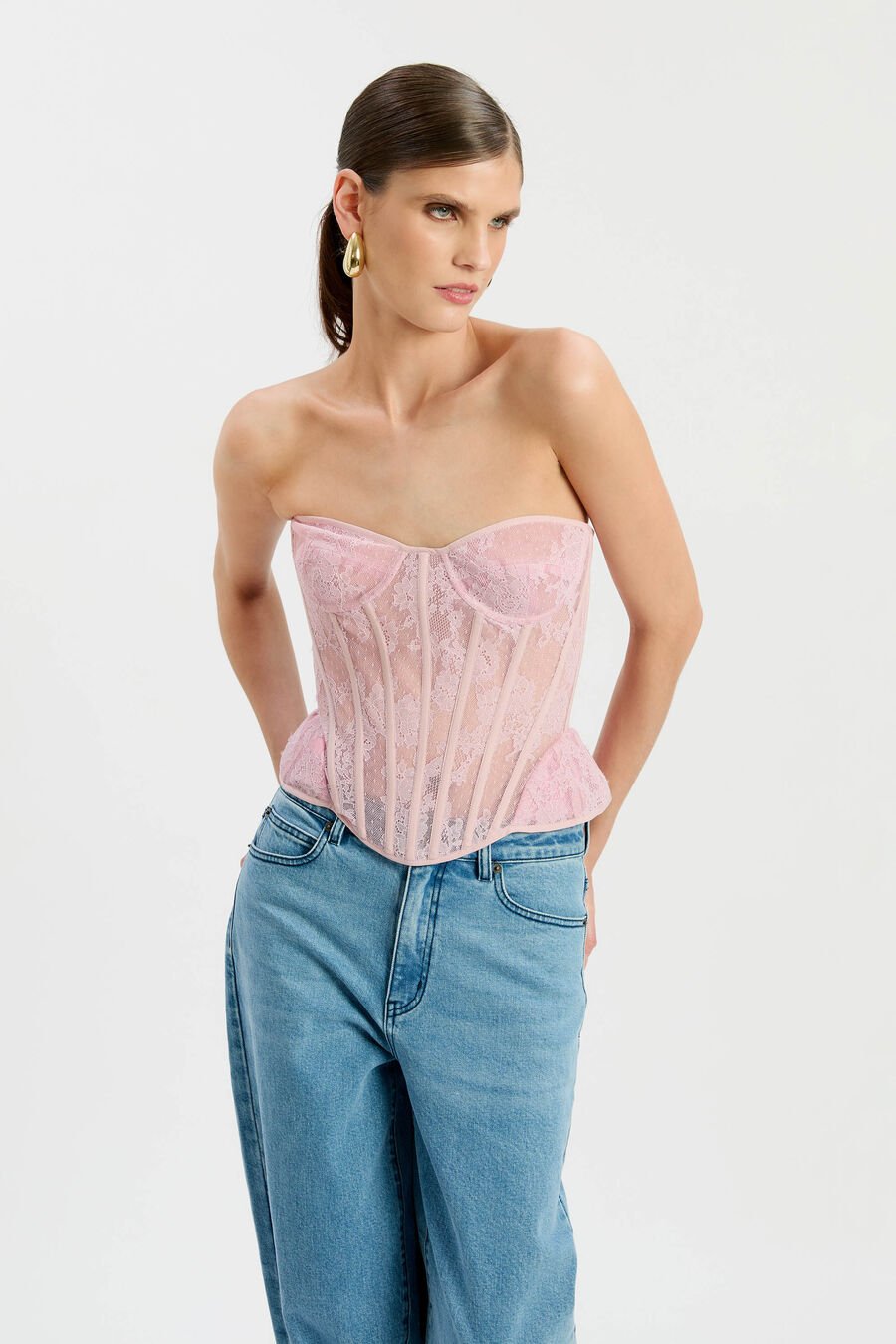 CRISTO STRAPLESS LACE BUSTIER in colour Lilac