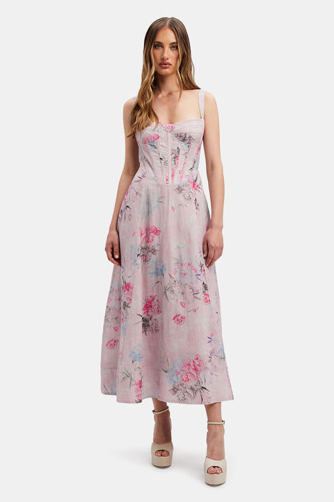 ADALINE CORSET MIDI DRESS in colour FIERY RED