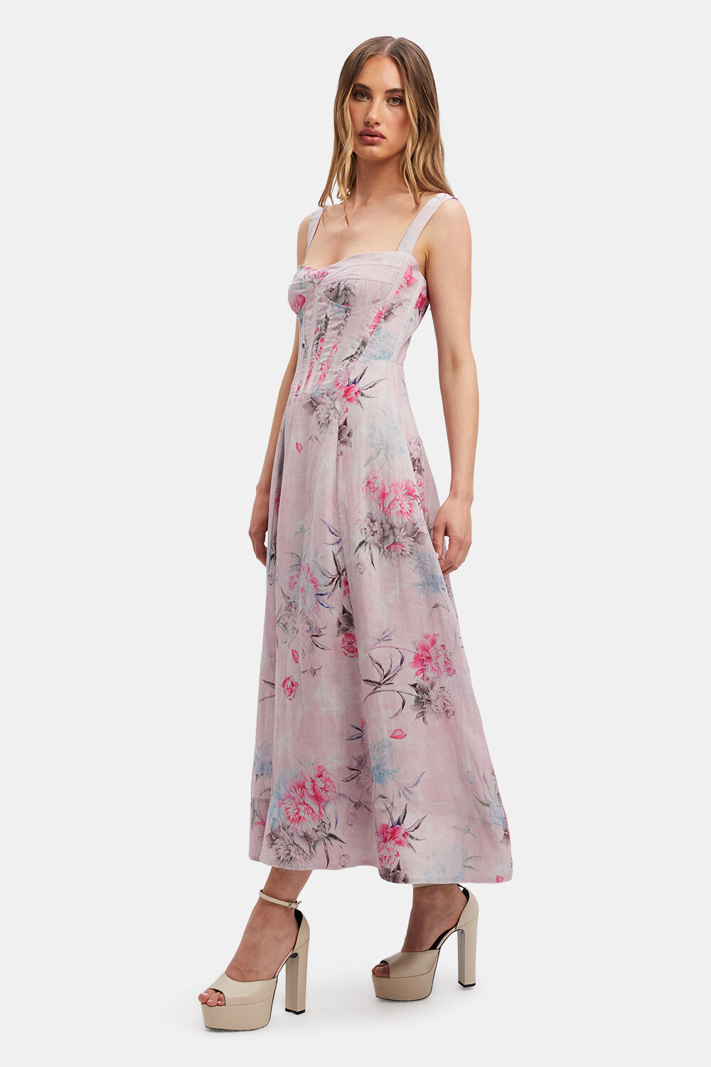 ADALINE CORSET MIDI DRESS in colour FIERY RED