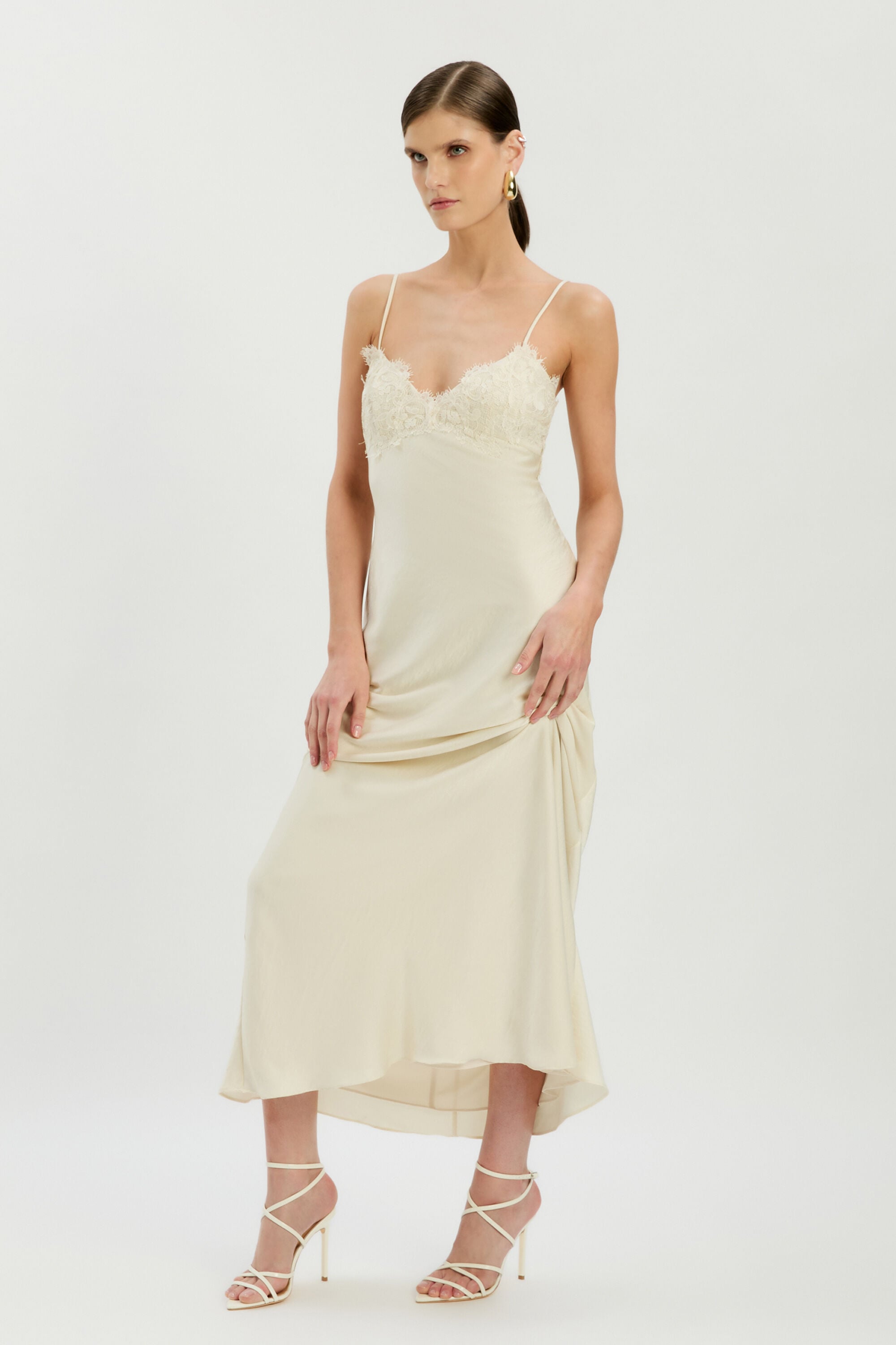 Elisan Lace Satin Maxi Dress In Ivory | Bardot