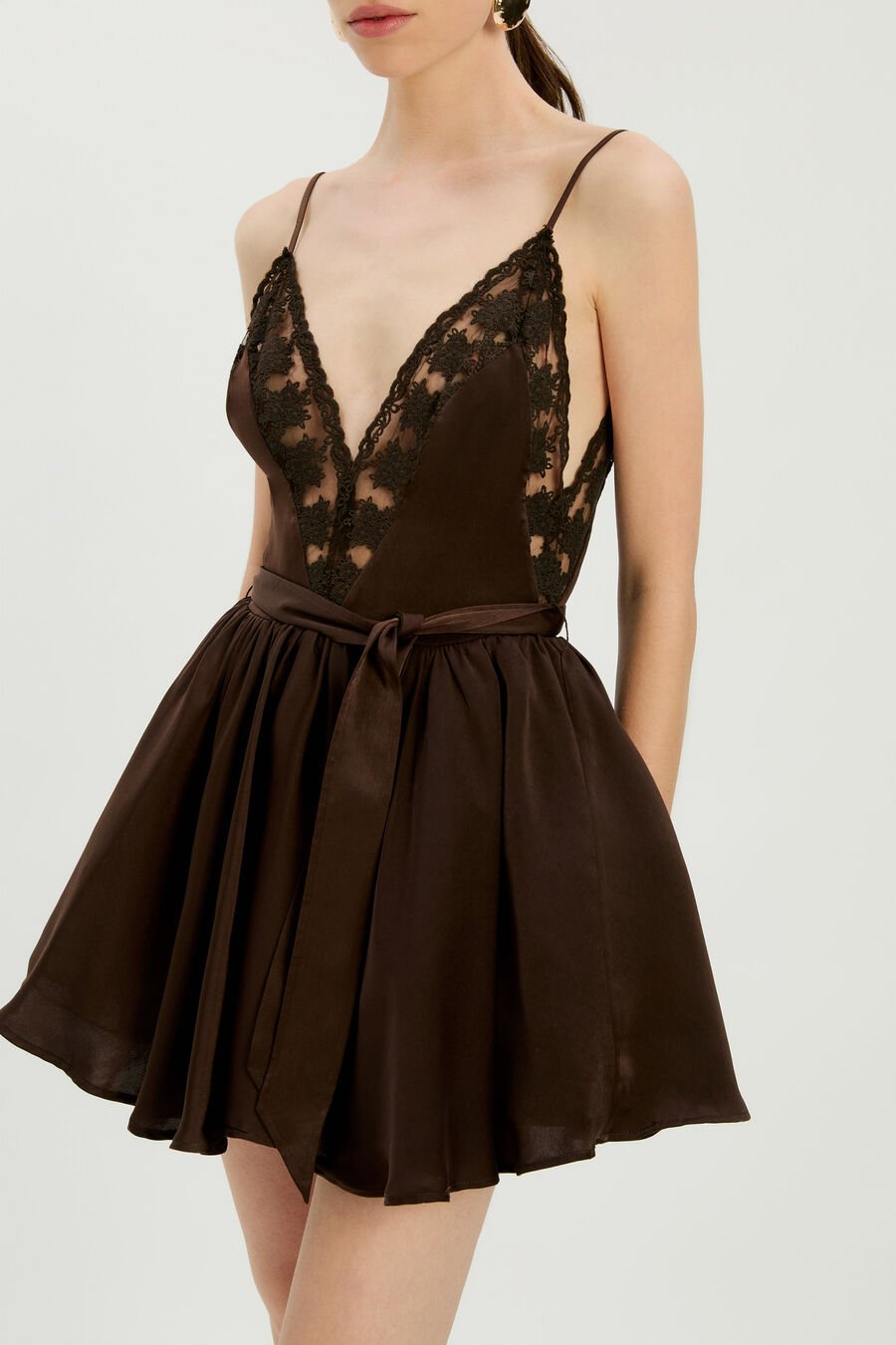 NATALIA LACE TRIM MINI DRESS in colour Dark Chocolate